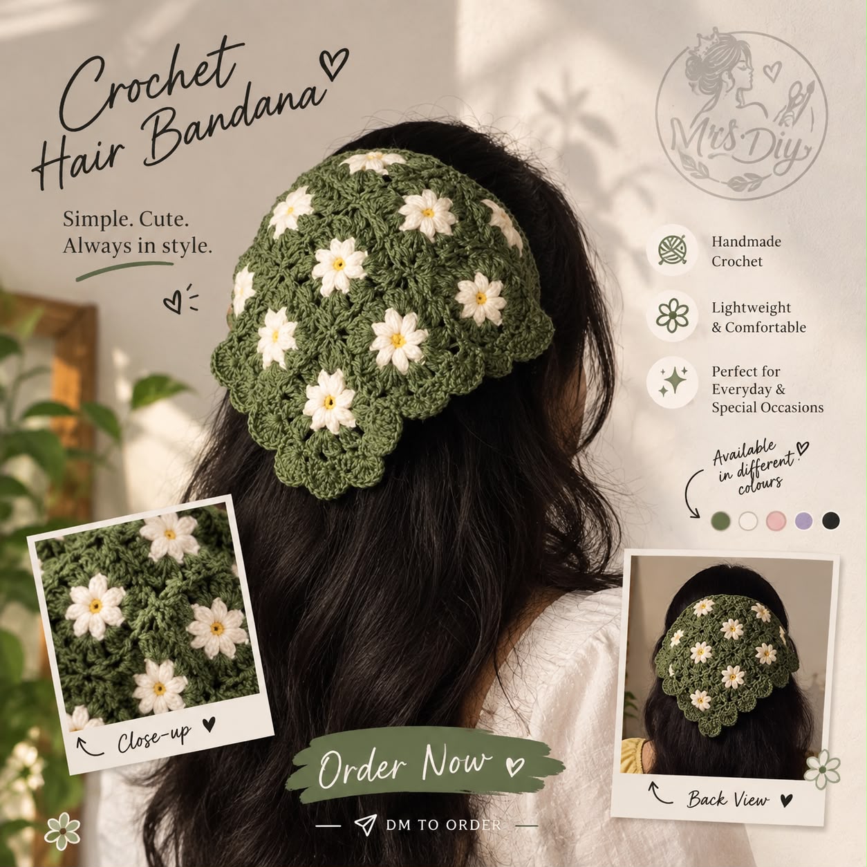 Floral Daisy Crochet Bandana